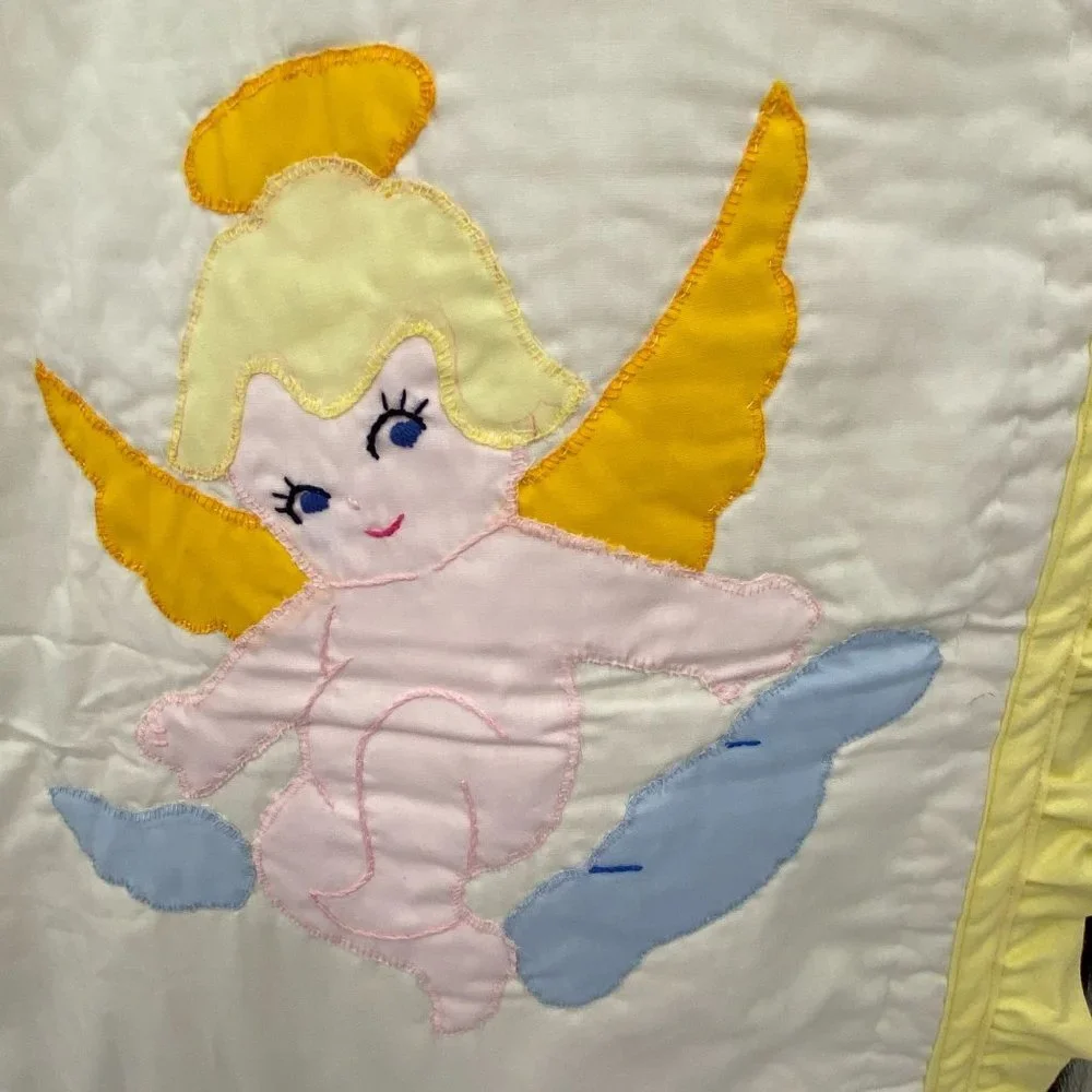 Angel‎ embroidered baby crib quilt blanket yellow white unisex boy girl